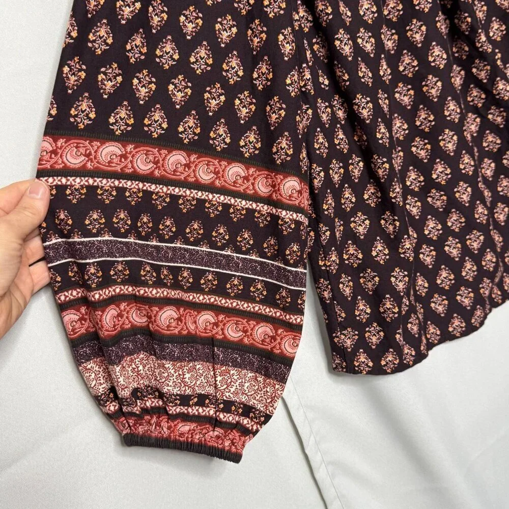 Old Navy Long Ballon Sleeve Smocked Brown Printed Poet Peasant Blouse Size Large